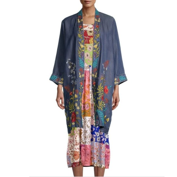 Johnny Was Kimono Long Provence Coat Denim Blue Embroidery Jacket Floral NEW - Picture 6 of 8